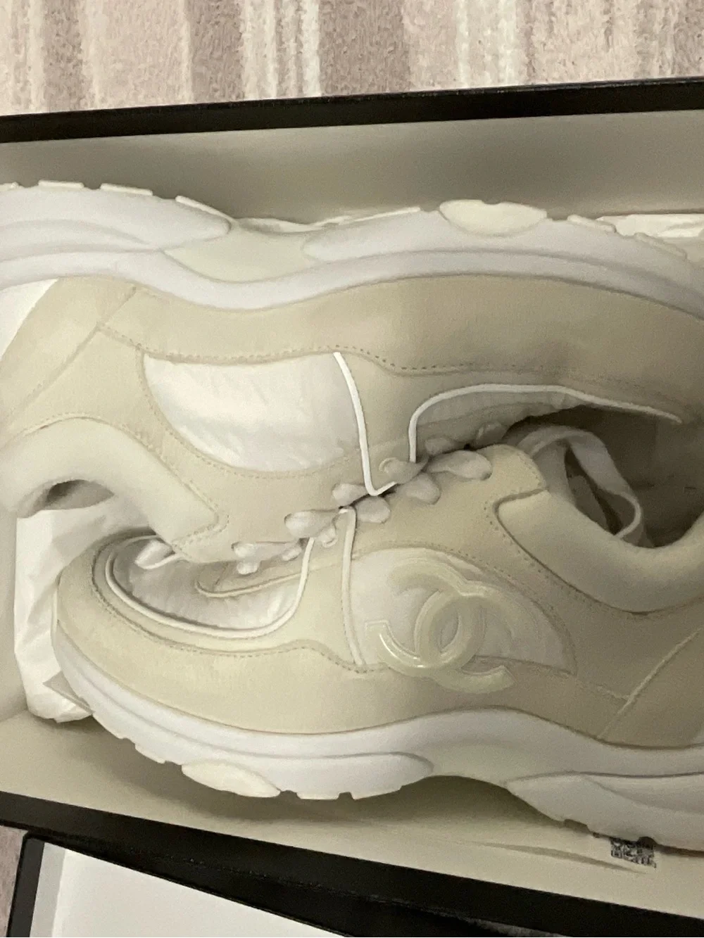 Chanel CC Off White Fabric Sneaker w Box SZ 38.5
